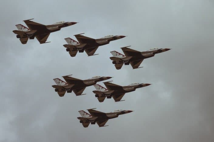 Airforce fighter jets flying on formation.
